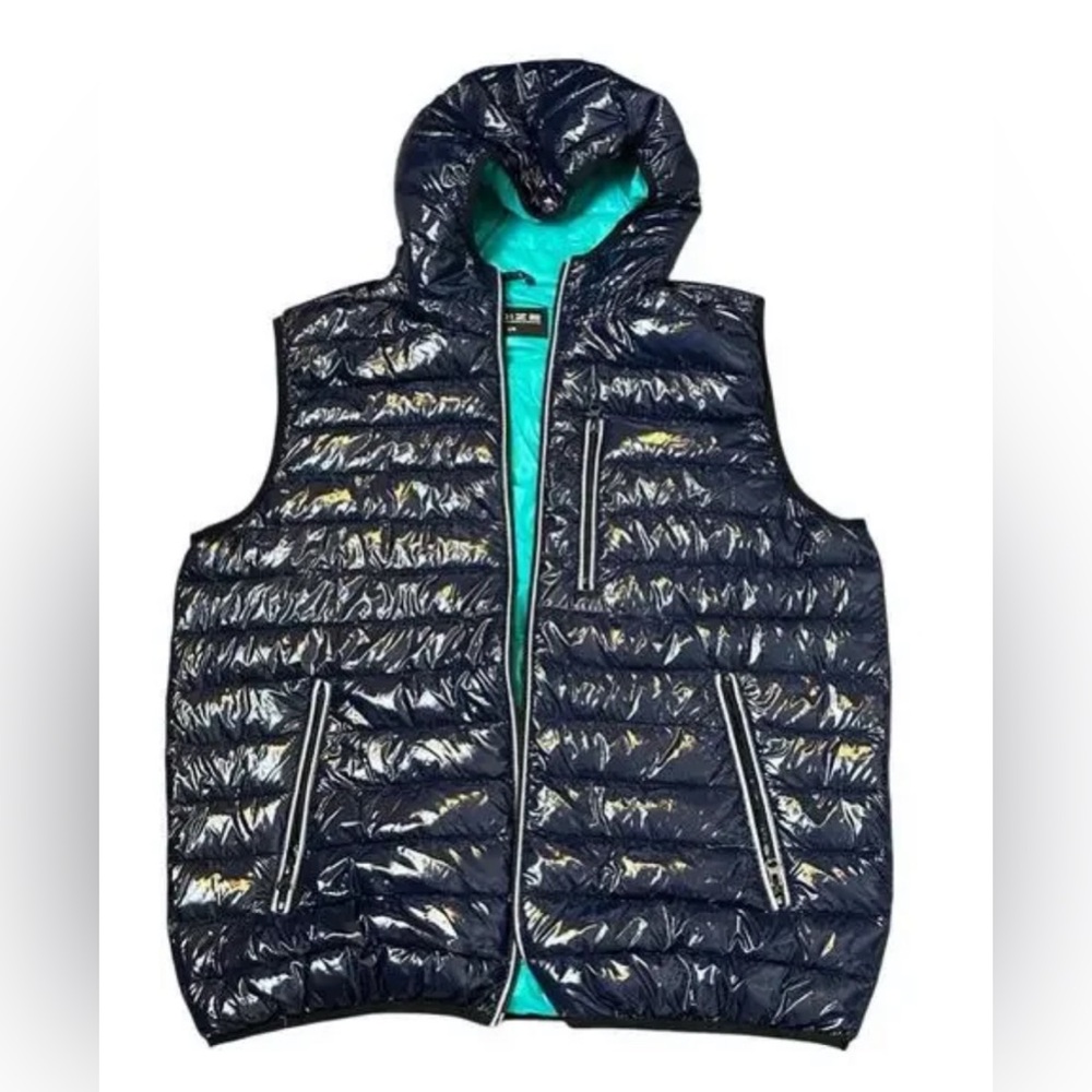 NOIZE Vegan Glossy Puffer Vest Navy with Green Liner NWT